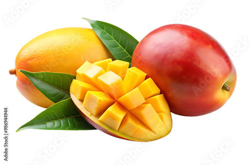 Whole Mango fruits with leaves isolated on white background . AI generated