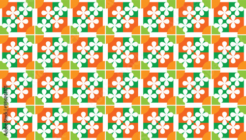 Seamless geometric pattern of white flower shapes with colorful checkerboard pattern square background. Perfect for printing, design, textiles and gift wrapping