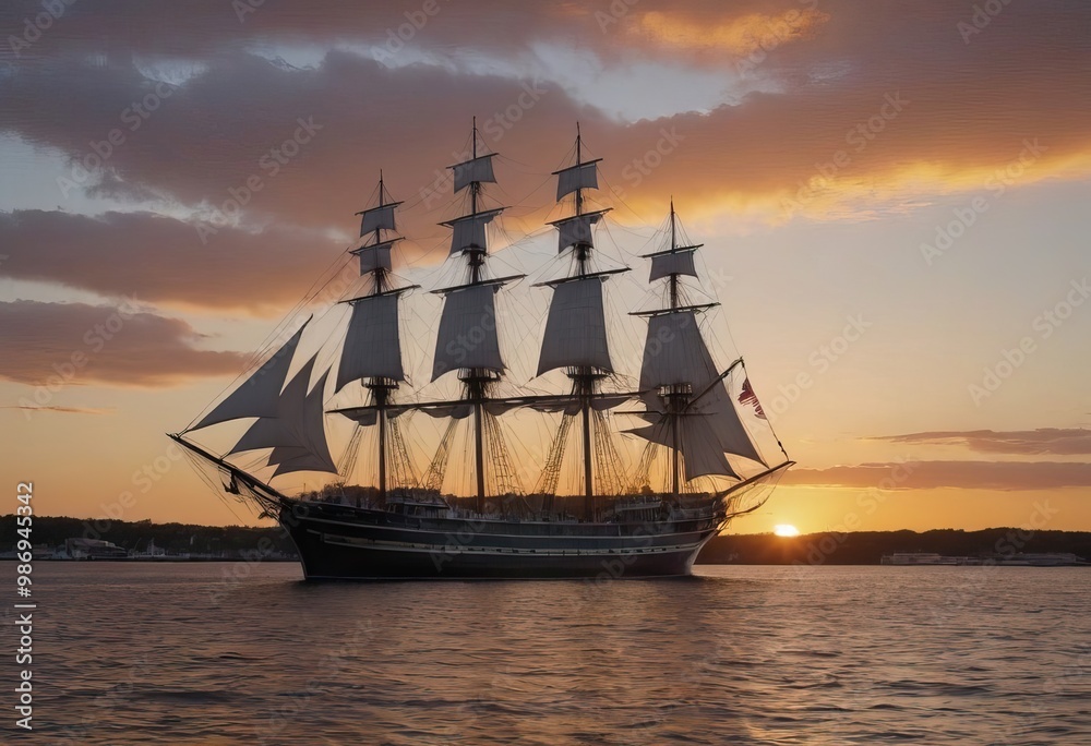 Fototapeta premium A majestic sailboat floats in the ocean at sunset on the horizon