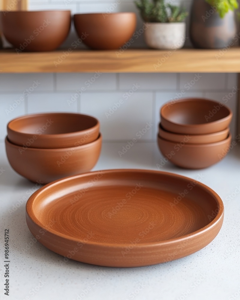Rustic Terracotta Dinnerware Set Brown Clay Serving Plate and Bowls Rustic Terracotta Dinnerware Set Brown Clay Serving Plate and Bowls