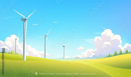 Hand painted environmental illustration of wind turbines in green space