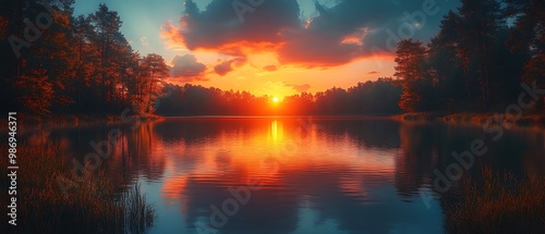 A vibrant sunset over a calm lake reflecting the fiery sky.