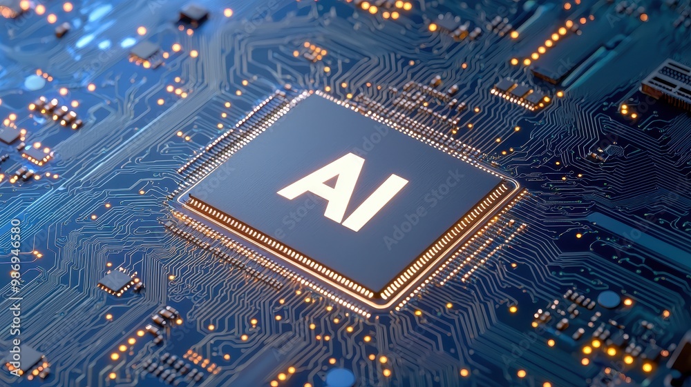 Close-up of a microchip featuring AI technology on a circuit board, showcasing advanced electronics and innovation.