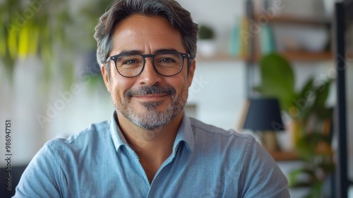 Happy adult Hispanic company owner man in glasses using application on mobile phone in office space alone, looking at camera, smiling for portrait, promoting online business communication