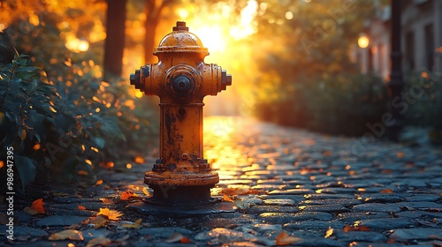 A yellow fire hydrant stands on a cobblestone street bathed in warm sunlight.