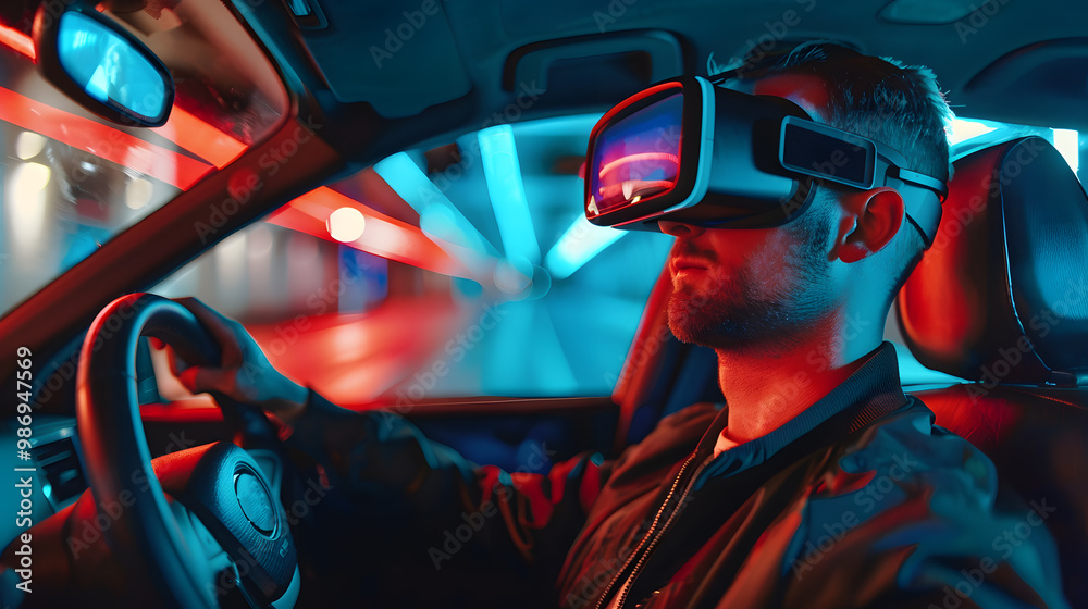 A man wearing virtual glasses drives a car. AI Generated A man wearing virtual glasses drives a car. AI Generated