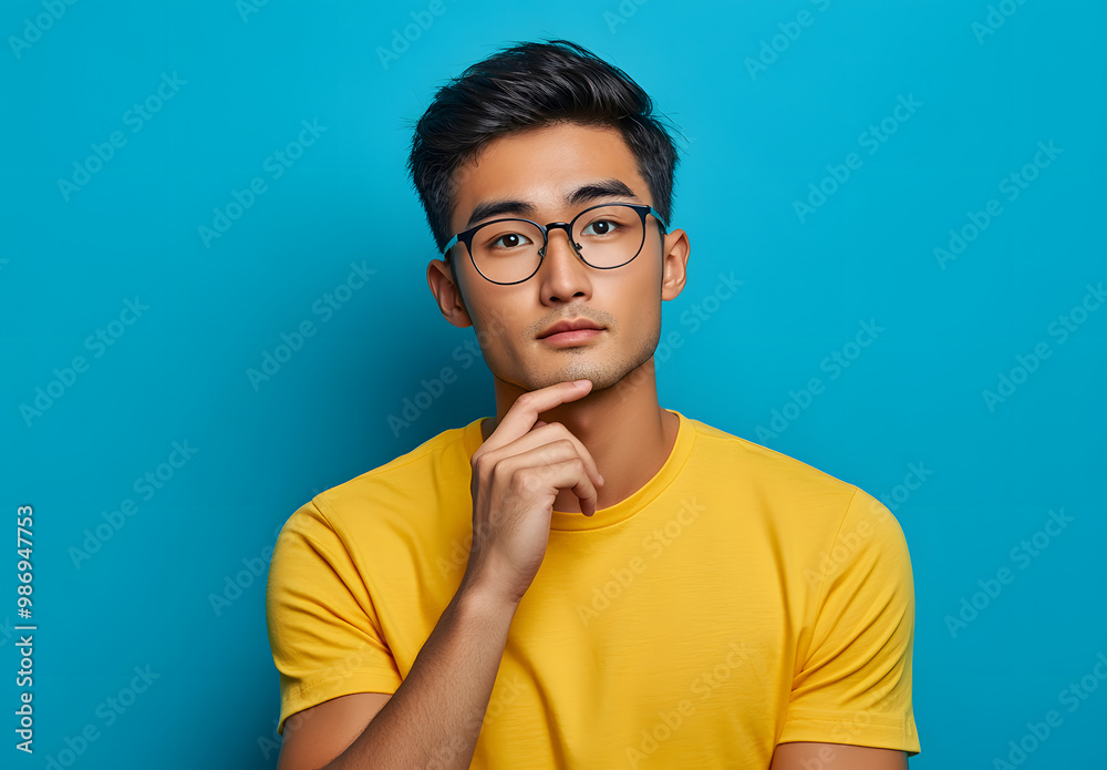 A handsome young Laos man with glasses, wearing a yellow t-shirt, appears to be deep in thought A handsome young Laos man with glasses, wearing a yellow t-shirt, appears to be deep in thought