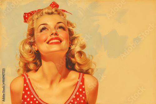 Smiling pin-up girl in a red dress with polka dots, blond hair. Pop art illustration for advertising.