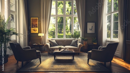 Wallpaper Mural Sitting Room with Comfortable Armchairs, Sofa, and Warm Decor  Torontodigital.ca