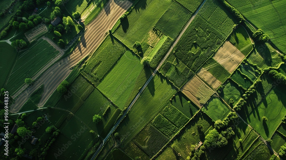 Fototapeta premium A breathtaking aerial view of a sprawling patchwork quilt of green and yellow fields, showcasing the beauty of rural farmland.