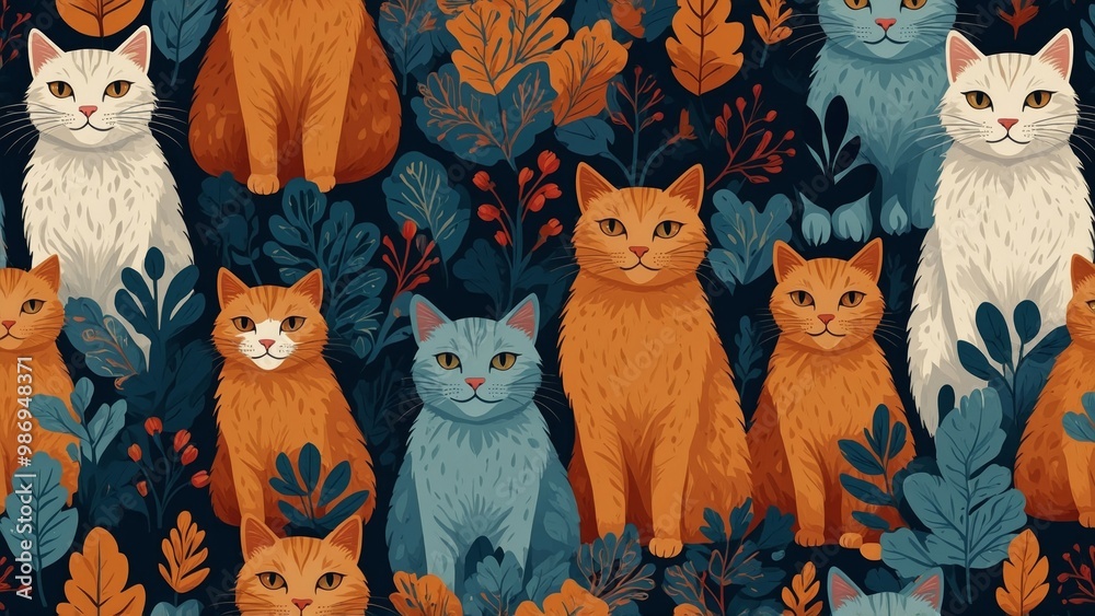 seamless pattern with cute cats, vector illustration