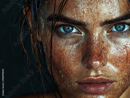 A woman with blue eyes and a puffy face. She has a lot of hair and it is wet