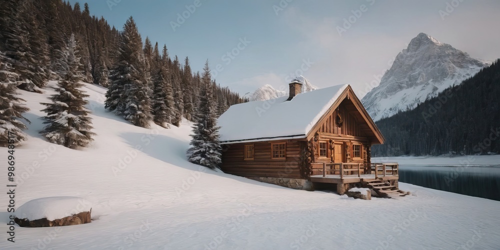 A quaint log cabin is situated on the snowy shore of a serene lake A quaint log cabin is situated on the snowy shore of a serene lake