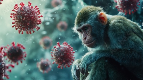 Monkey sitting near virus cells experiencing the monkeypox