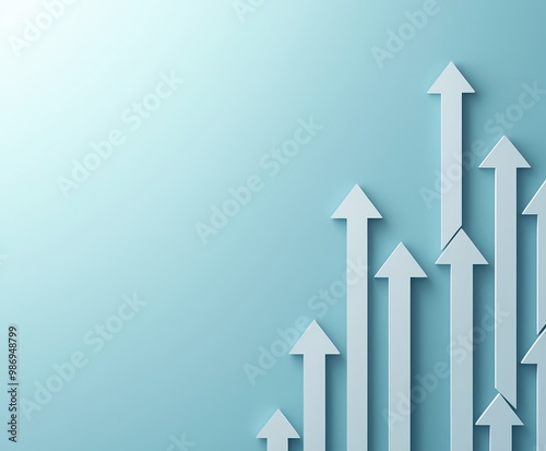 A series of upward-pointing arrows symbolizes growth, progress, and positive trends against a soft blue background.