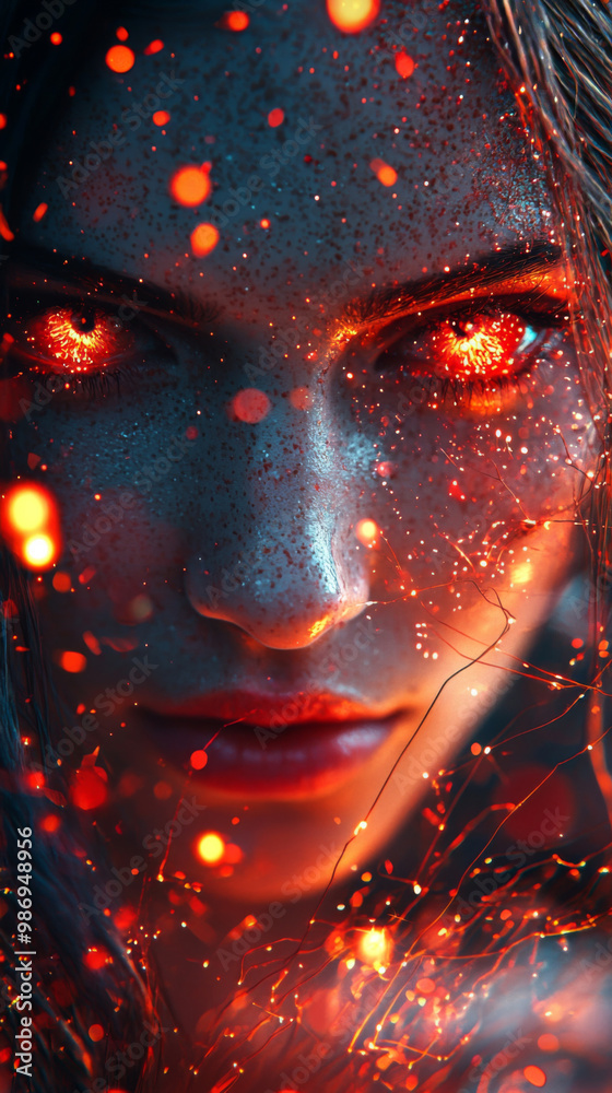 A woman's face is covered in red glitter, giving her an otherworldly appearance A woman's face is covered in red glitter, giving her an otherworldly appearance