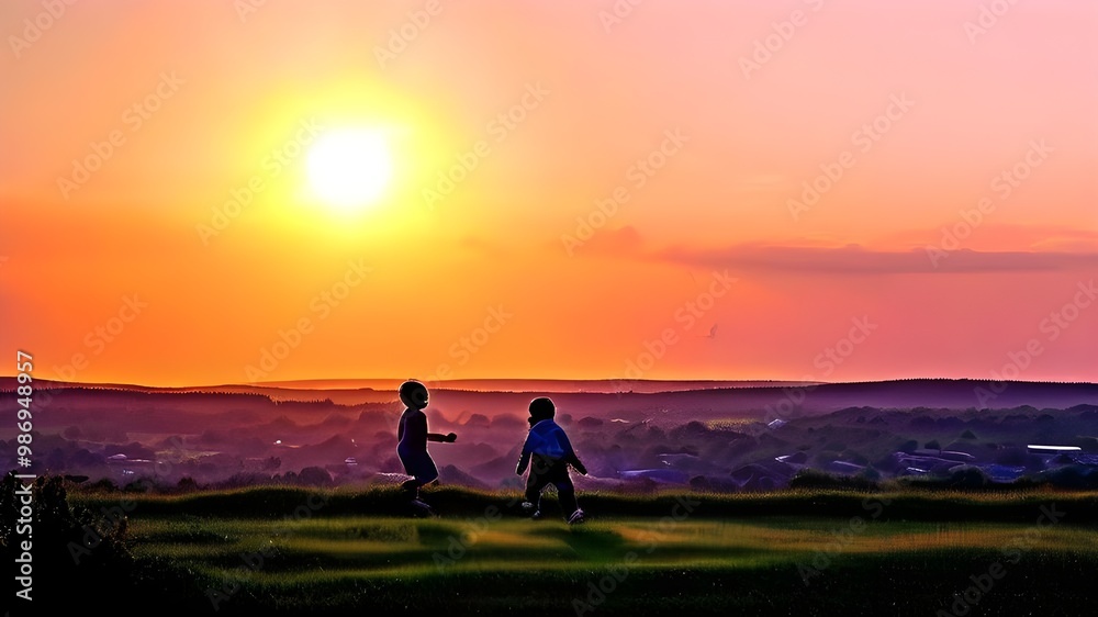 Two children walking together at sunset on a grassy field silhouetted against the bright horizon enjoying a peaceful outdoor moment as the sun sets and casts a warm golden glow Two children walking together at sunset on a grassy field silhouetted against the bright horizon enjoying a peaceful outdoor moment as the sun sets and casts a warm golden glow