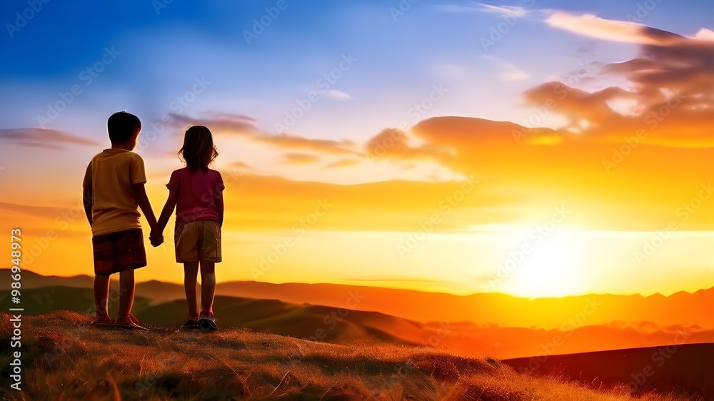 Two children walking together on a hill during sunset sharing a peaceful moment as they enjoy the beauty of nature friendship and the golden light of the setting sun Two children walking together on a hill during sunset sharing a peaceful moment as they enjoy the beauty of nature friendship and the golden light of the setting sun