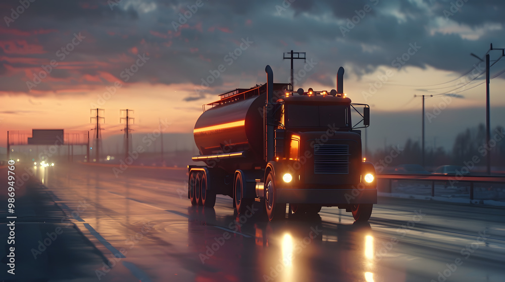 A large truck with a tank for transporting petroleum products on the highway in the evening. AI Generated A large truck with a tank for transporting petroleum products on the highway in the evening. AI Generated