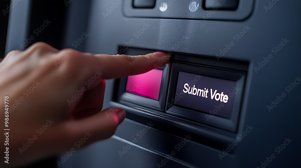 Naklejka premium Close-up Hand Pressing Submit Vote Button on Touchscreen Voting Machine
