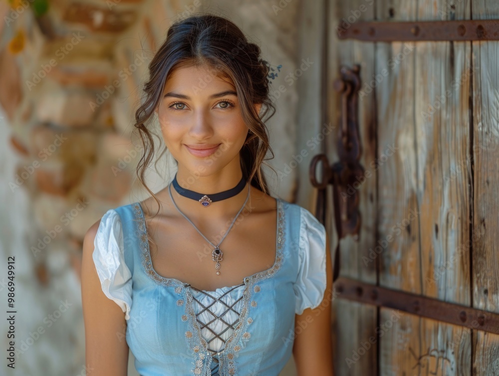 Fototapeta premium Cheerful Dirndl Outfit: Lace details, silver choker, rustic wooden setting. 