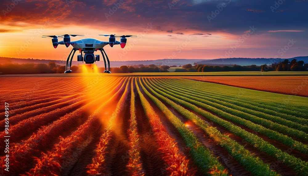 Drone Flying Over Farmland at Sunset Drone Flying Over Farmland at Sunset