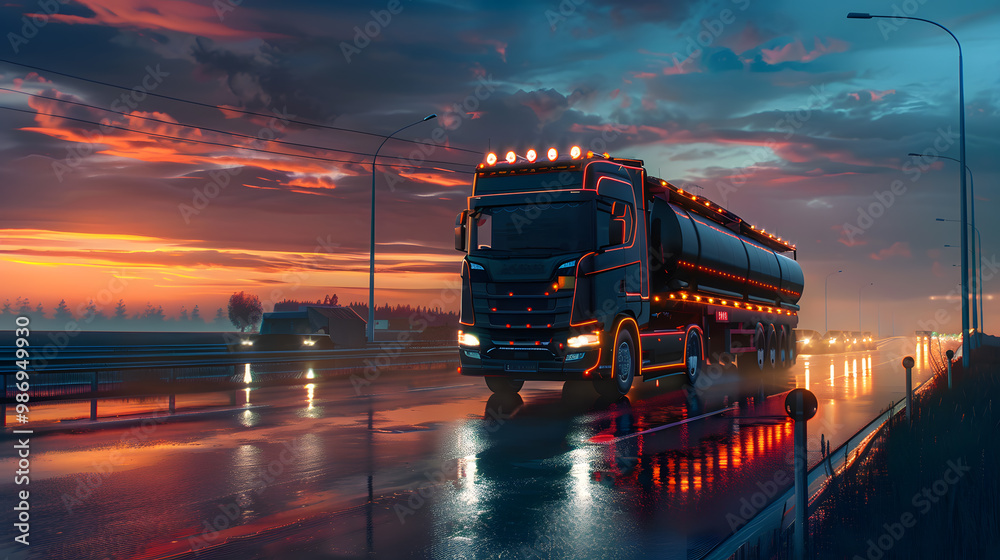 A large truck with a tank for transporting petroleum products on the highway in the evening. AI Generated A large truck with a tank for transporting petroleum products on the highway in the evening. AI Generated