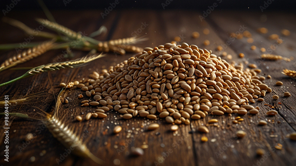A close-up of a mound of golden wheat seeds on a wooden surface, surrounded by wheat stalks, illustrating agricultural bounty. A close-up of a mound of golden wheat seeds on a wooden surface, surrounded by wheat stalks, illustrating agricultural bounty.
