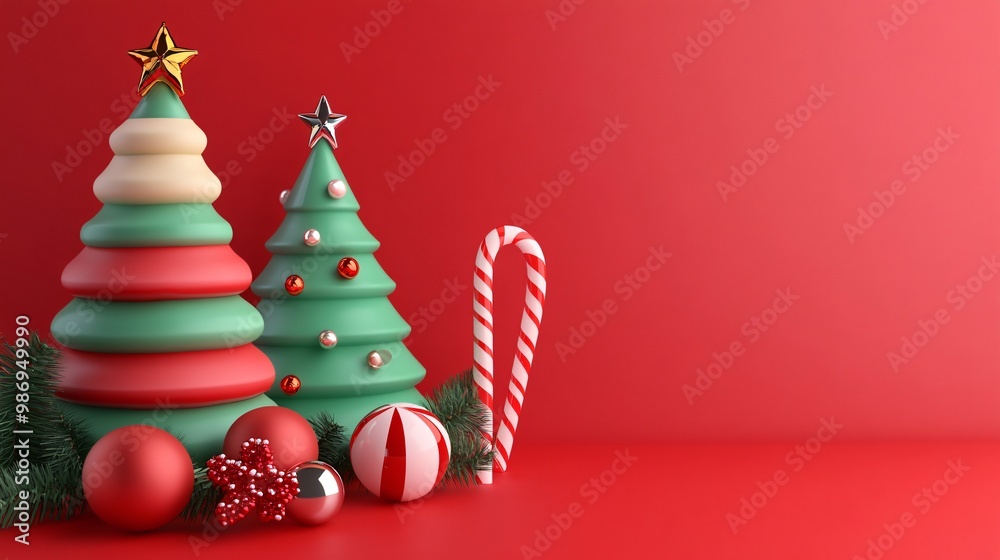 Red Christmas tree with shimmering ribbons, perfect for festive holiday celebrations Red Christmas tree with shimmering ribbons, perfect for festive holiday celebrations