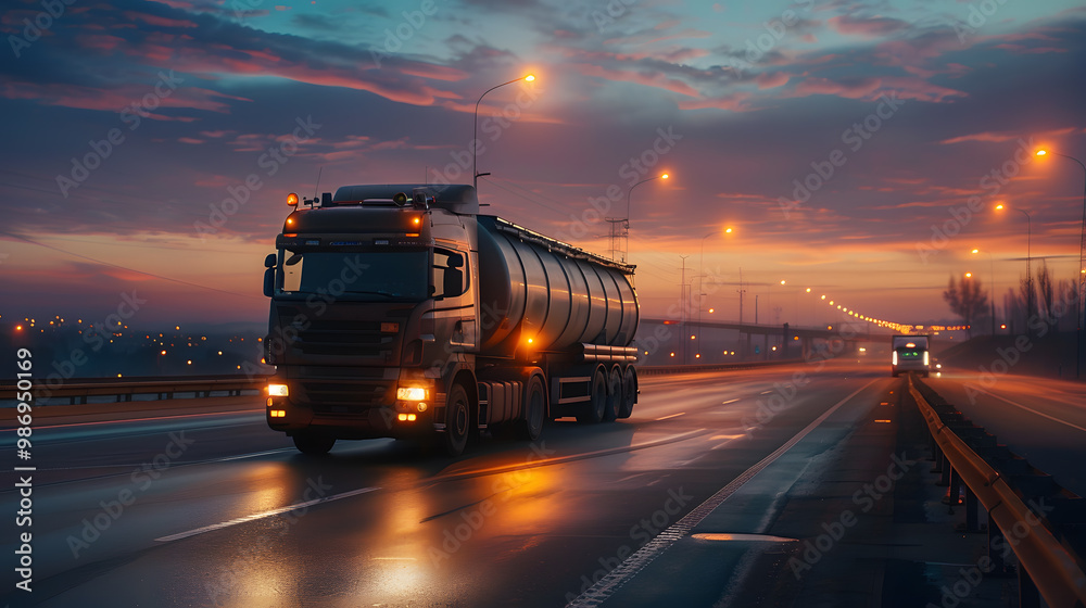 A large truck with a tank for transporting petroleum products on the highway in the evening. AI Generated A large truck with a tank for transporting petroleum products on the highway in the evening. AI Generated