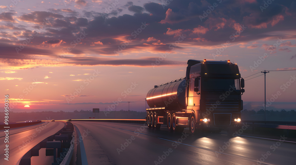 A large truck with a tank for transporting petroleum products on the highway in the evening. AI Generated A large truck with a tank for transporting petroleum products on the highway in the evening. AI Generated
