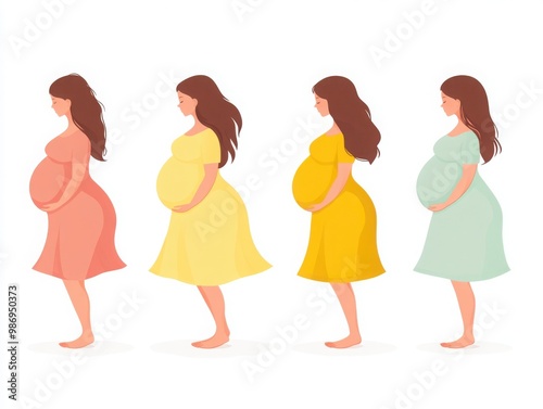 Illustration of four pregnant women in different stages of pregnancy, showcasing their bodies with flowing hair and colorful dresses.