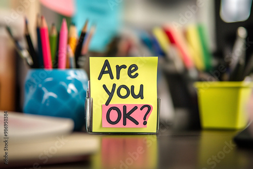 Are you okay? Colored sticker with the inscription. Employee mental health at work. Team care for colleagues