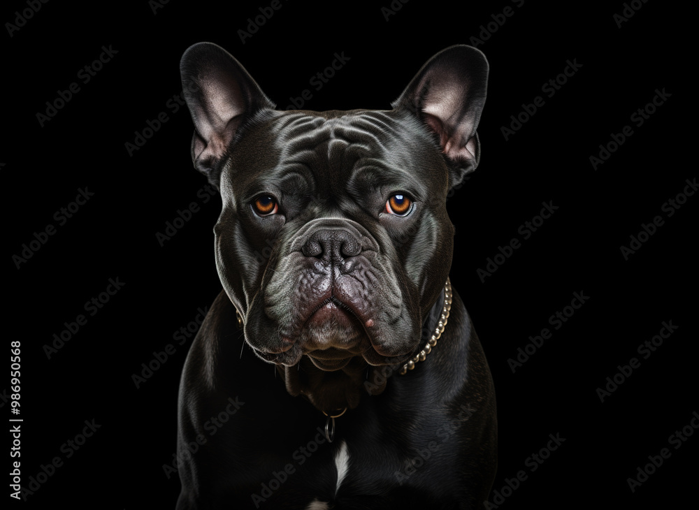 Close-up portrait of a black French bulldog with a collar, looking directly at the camera with its brown eyes. Black background. Pet. Animals. Close-up portrait of a black French bulldog with a collar, looking directly at the camera with its brown eyes. Black background. Pet. Animals.