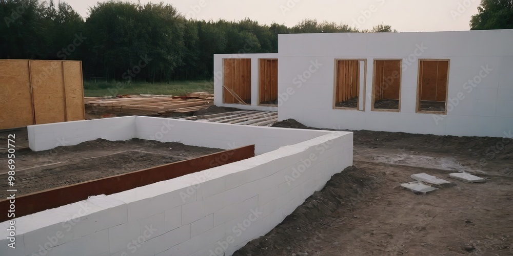 A large white building with wooden beams is surrounded by trees A large white building with wooden beams is surrounded by trees