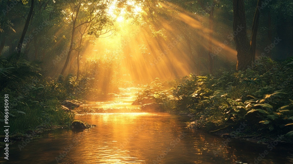 A captivating photograph of a hidden, tranquil forest glade with a gently flowing stream running through it. The sunlight filters through the dense canopy, casting a warm, golden light on the lush A captivating photograph of a hidden, tranquil forest glade with a gently flowing stream running through it. The sunlight filters through the dense canopy, casting a warm, golden light on the lush