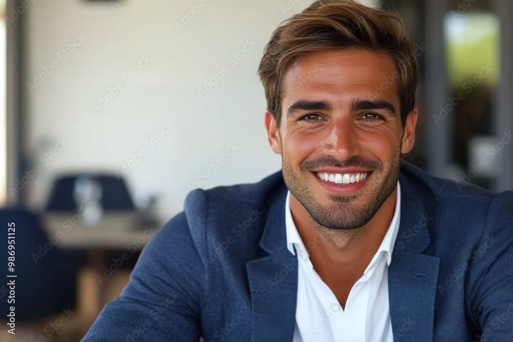A young business man in a blue suit and white shirt is smiling A young business man in a blue suit and white shirt is smiling