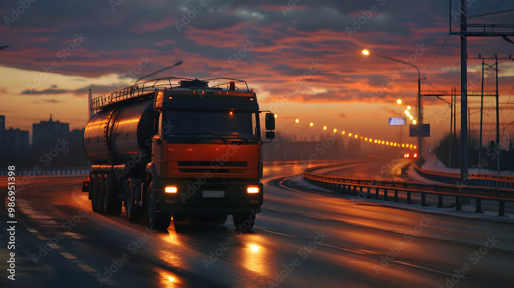 A large truck with a tank for transporting petroleum products on the highway in the evening. AI Generated A large truck with a tank for transporting petroleum products on the highway in the evening. AI Generated