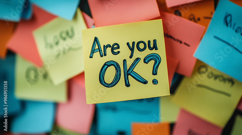 Are you okay? Colored sticker with the inscription. Employee mental health at work. Team care for colleagues photo