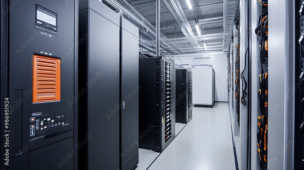 Modern facility for battery energy storage with advanced battery units in a high-tech, industrial setting. Modern facility for battery energy storage with advanced battery units in a high-tech, industrial setting.