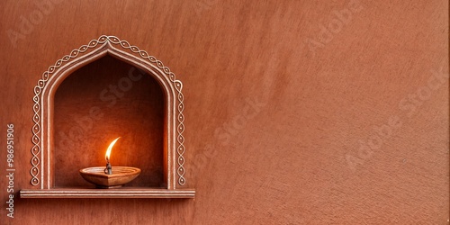 3d render of Festival, Diwali and Pongal lamp of traditional India, product display in hanging in brown wall background	 photo