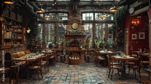 Cozy Restaurant Interior with Brick Walls and Wooden Accents