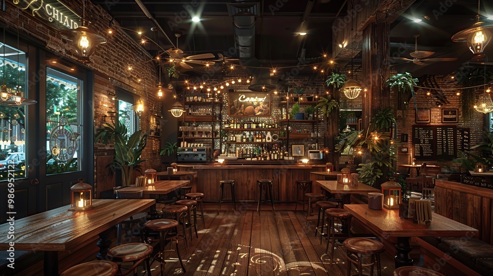 Rustic Bar Interior with Warm Lighting Rustic Bar Interior with Warm Lighting
