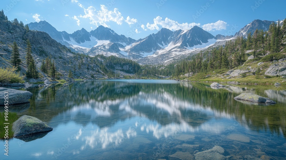 Fototapeta premium A breathtaking view of a secluded, pristine alpine lake with crystal-clear waters and surrounded by dense forest and snow-capped peaks. The serene reflection of the landscape in the still waters