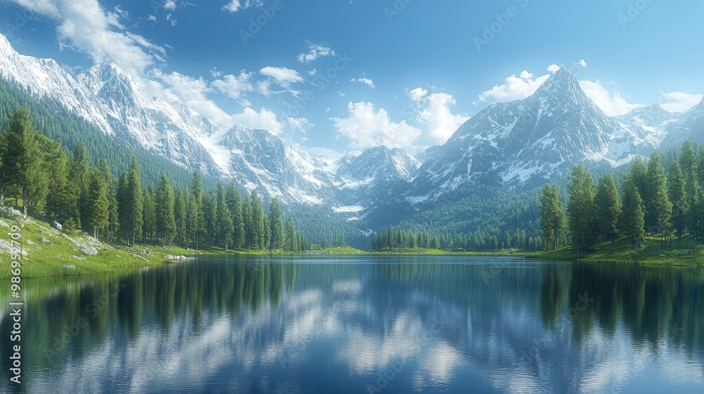 A breathtaking view of a secluded, pristine alpine lake with crystal-clear waters and surrounded by dense forest and snow-capped peaks. The serene reflection of the landscape in the still waters