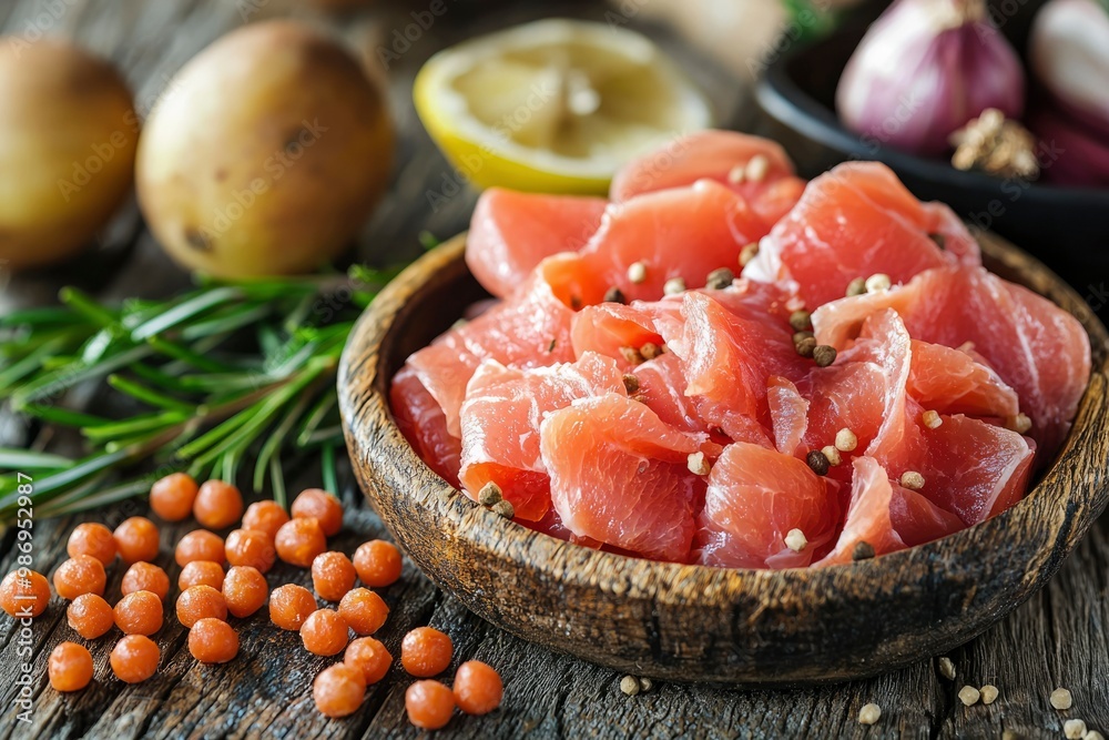 Prosciutto Slices with Peppercorns in a Wooden Bowl Prosciutto Slices with Peppercorns in a Wooden Bowl
