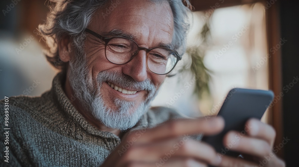 Close-up of a grey-haired man looking at photos on his phone, reminiscing about fond memories with a smile. Close-up of a grey-haired man looking at photos on his phone, reminiscing about fond memories with a smile.