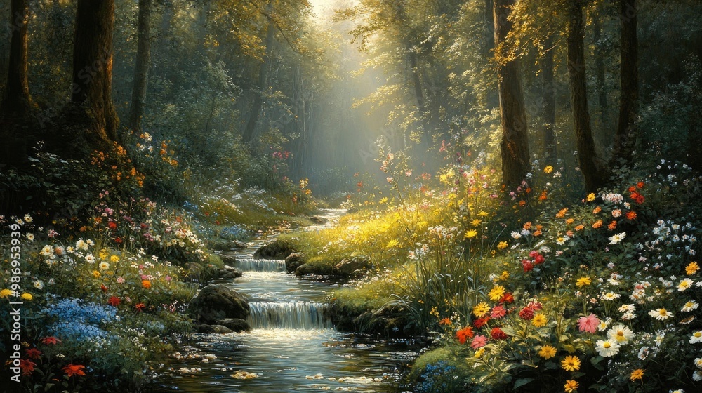 Obraz premium A breathtaking view of a hidden, serene forest glade with a gently flowing stream and vibrant wildflowers. The dappled sunlight filtering through the dense canopy creates a warm, golden light that