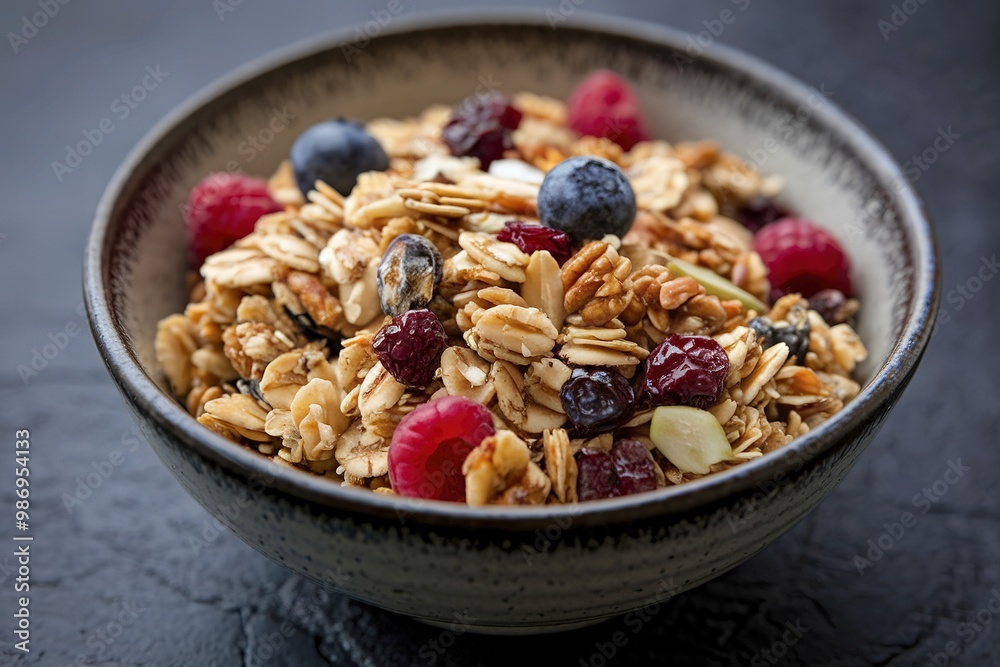 Close-up tasty homemade fruity muesli granola served in bowl on dark background Close-up tasty homemade fruity muesli granola served in bowl on dark background