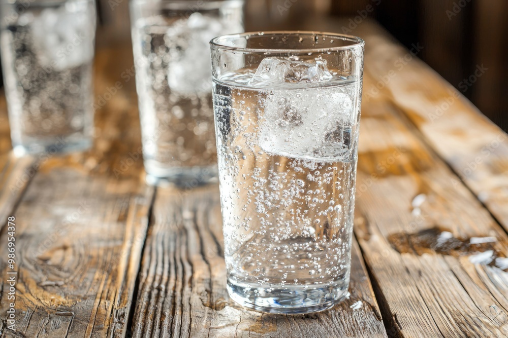 A Glass of Sparkling Water with Ice Cubes on a Wooden Table A Glass of Sparkling Water with Ice Cubes on a Wooden Table